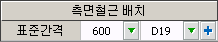 '측면철근 배치' 입력부로, 표준간격 600과 철근 직경 D19를 선택하는 콤보 상자