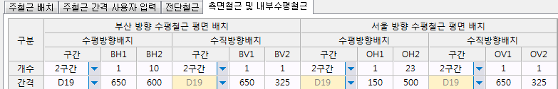 '측면철근 및 내부수평철근' 탭 화면으로, 부산 방향과 서울 방향 수평철근 평면 배치를 수평방향배치·수직방향배치 구간별로 개수와 간격(D19)으로 입력하는 표