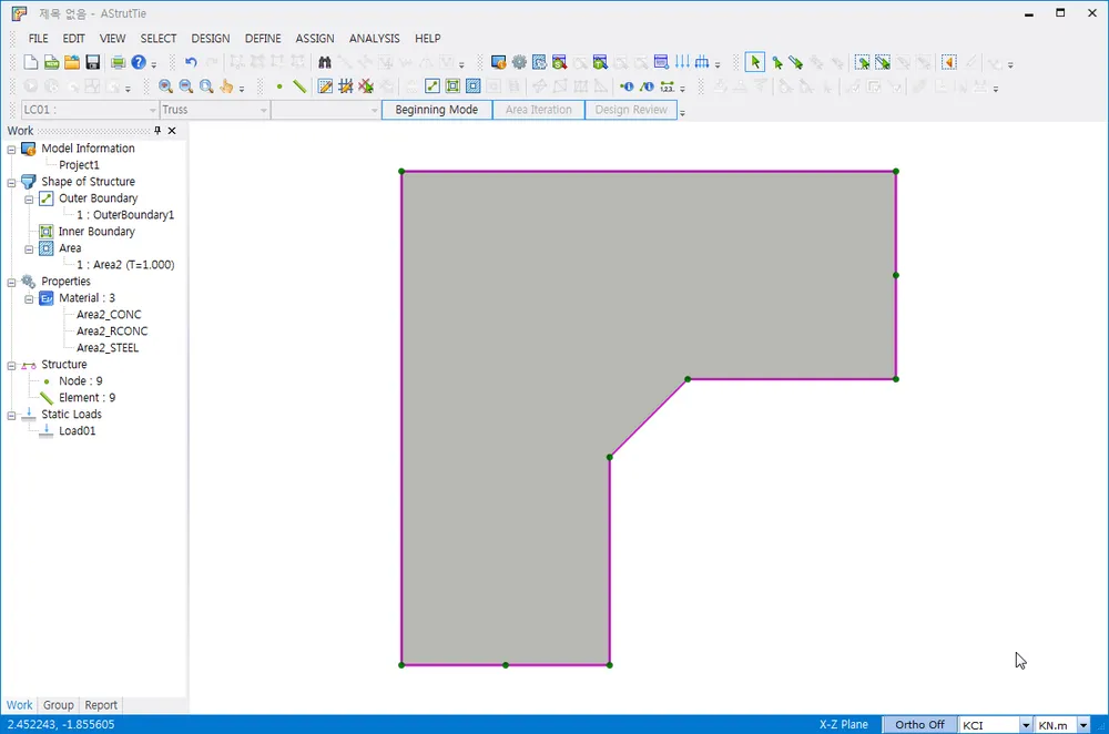 AStrutTie window with the gray-filled area inside the magenta outer boundary and the Work tree showing Area 1 (T=1.000), Area2_CONC, Area2_RCONC, Area2_STEEL, Node: 9, Element: 9.