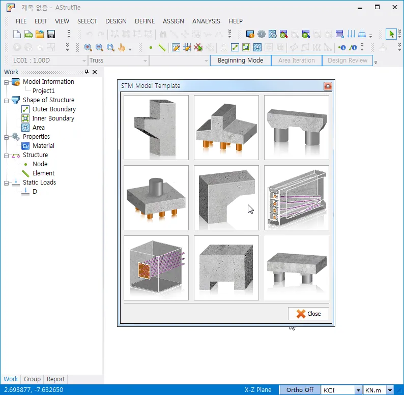 AStrutTie STM Model Template dialog showing a 3x3 grid of concrete member type thumbnails (dapped end, pile cap, deep beam, corbel, anchorage zone) with a Close button.