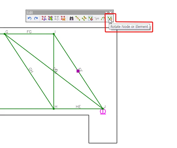 Edit toolbar with the "Rotate Node or Element" button highlighted, above a strut-and-tie model showing green members between nodes G, I, H and J.