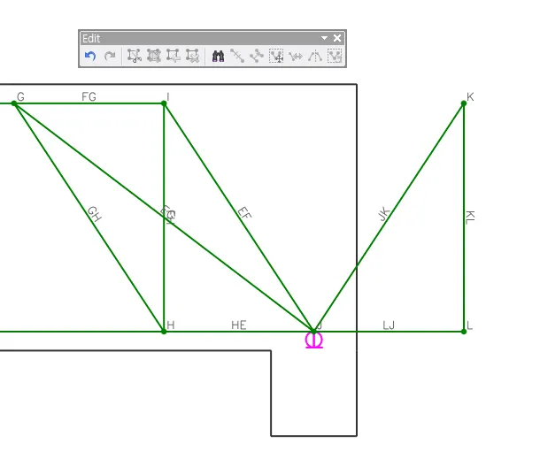 Strut-and-tie model of a corbel-like region with green members labeled FG, GH, GI, EF, HE, LJ, JK and KL between nodes G, H, I, J, K, L, with the Edit toolbar shown above.