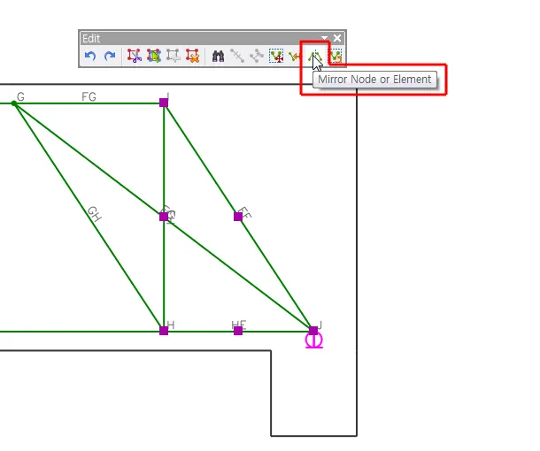 Edit toolbar with the "Mirror Node or Element" button highlighted, above a strut-and-tie model with nodes G, H, I and members FG, GH, HI shown in green.