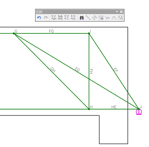 Strut-and-tie model drawn in green over a structure outline with labeled members FG, GH, EG, FH, EF and HE at nodes G, I, H and J, with the floating Edit toolbar above.