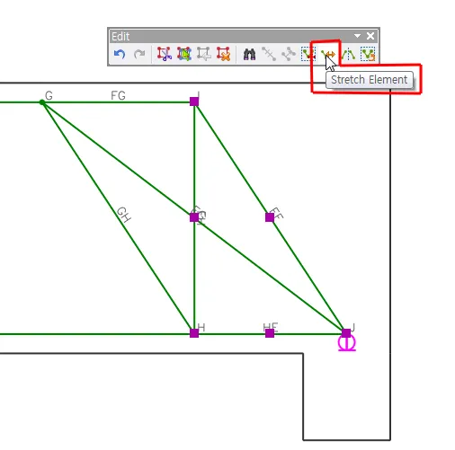 Edit toolbar with the Stretch Element tool highlighted by its tooltip, above a green strut-and-tie model with nodes G, H, J and members FG, GH, HF.