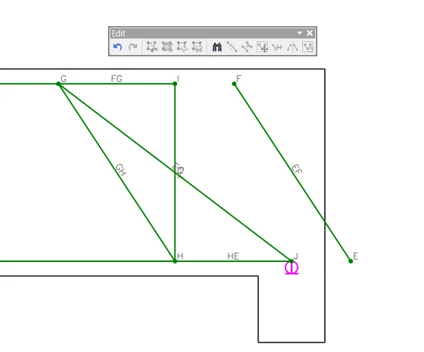 Strut-and-tie model drawing with green members FG, GH, HE and EF and nodes G, I, H, J, F, E, with a magenta symbol at node J, below the floating Edit toolbar.