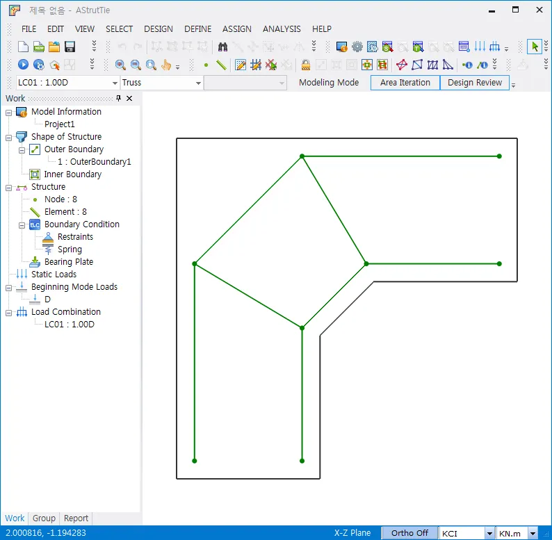 AStrutTie main window showing an L-shaped concrete member outline with a green truss model imported from a DXF file, and the Work tree listing Outer Boundary, Node: 8, Element: 8 and Load Combination LC01.