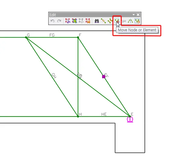 Edit toolbar with the "Move Node or Element" button highlighted above a strut-and-tie model showing nodes G, F, H and E with members FG, GH and HE.