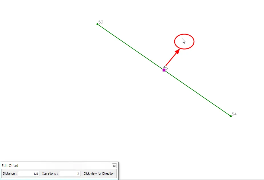 Offset command in use: a selected line between nodes 53 and 54 with an arrow showing the click direction, and the Edit Offset bar set to Distance 1.5, Iterations 2, 'Click view for Direction'.