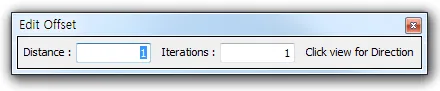 Edit Offset dialog with Distance and Iterations input fields (set to 1) and the note "Click view for Direction".
