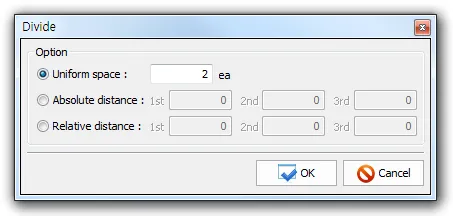Divide dialog with Option group offering Uniform space (2 ea, selected), Absolute distance and Relative distance with 1st/2nd/3rd fields, plus OK and Cancel buttons.