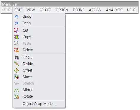 EDIT pull-down menu on the Menu Bar listing Undo, Redo, Cut, Copy, Paste, Delete, Find, Divide, Offset, Move, Stretch, Mirror, Rotate and Object Snap Mode.