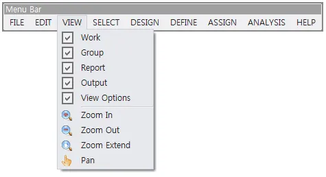 Menu Bar with the VIEW pull-down menu open, showing checked Work, Group, Report, Output, View Options and the Zoom In, Zoom Out, Zoom Extend, Pan commands.