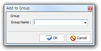"Add to Group" dialog with a Group section containing a "Group Name" drop-down field, plus OK and Cancel buttons.