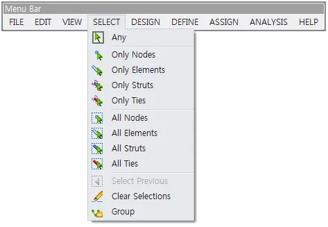 Menu Bar with the SELECT pull-down menu open, listing Any, Only Nodes, Only Elements, Only Struts, Only Ties, All Nodes, All Elements, All Struts, All Ties, Select Previous, Clear Selections and Group.