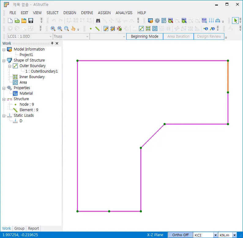 AStrutTie main window in Beginning Mode showing an imported L-shaped outer boundary with 9 nodes and 9 elements, and the Work tree listing Shape of Structure, Outer Boundary, Properties and Static Loads.