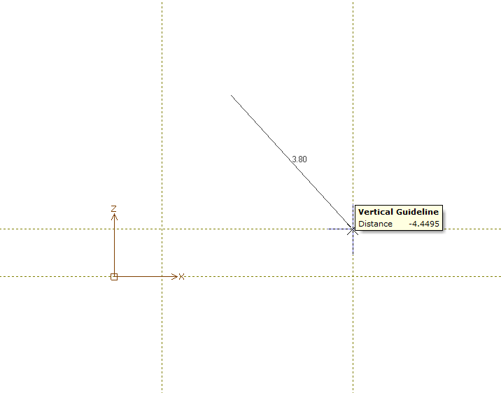 Modeling window with dashed horizontal and vertical guidelines, X\u2013Z axis symbol, a line labeled 3.80 snapping to a point, and a tooltip reading "Vertical Guideline, Distance -4.4495".
