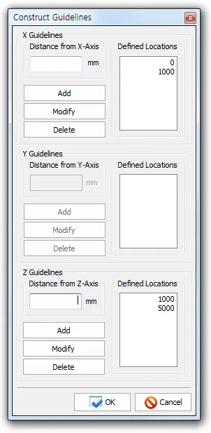 Construct Guidelines dialog with X, Y and Z Guidelines sections, each having a Distance from Axis field in mm, Add/Modify/Delete buttons and a Defined Locations list, plus OK and Cancel.