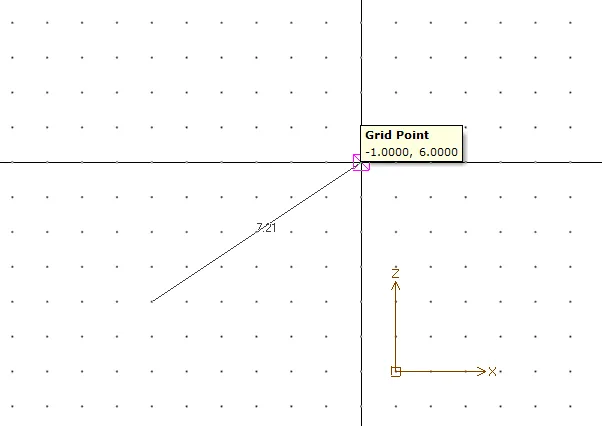 Modeling window with dot grid, a line drawn to length 7.21 and a snap tooltip reading Grid Point -1.0000, 6.0000, with X-Z axis triad at lower right.