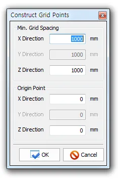 Construct Grid Points dialog with Min. Grid Spacing fields for X, Y, Z directions in mm and Origin Point X, Y, Z values, plus OK and Cancel buttons.