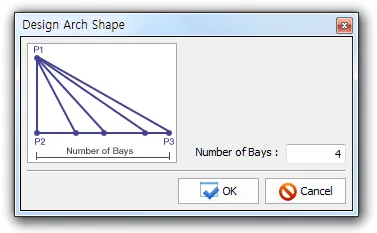 "Design Arch Shape" dialog showing a fan of inclined members from apex P1 to base line P2–P3 spanning the bays, with a "Number of Bays" field set to 4 and OK/Cancel buttons.