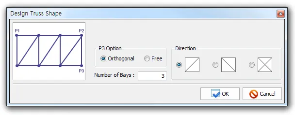 Design Truss Shape dialog with a P1-P2-P3 truss preview, P3 Option of Orthogonal or Free, Number of Bays set to 3, and three Direction diagonal choices.