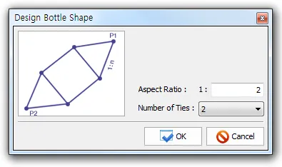 Design Bottle Shape dialog showing a bottle-shaped strut-tie layout between points P1 and P2, with Aspect Ratio 1:2 and Number of Ties set to 2, plus OK and Cancel buttons.