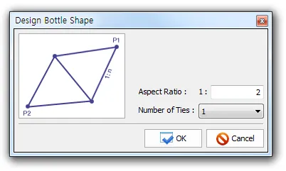 "Design Bottle Shape" dialog showing a bottle-shaped strut-and-tie diagram with points P1 and P2, an Aspect Ratio field set to 1 : 2, and a Number of Ties dropdown set to 1, with OK and Cancel buttons.