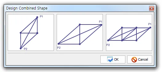 "Design Combined Shape" dialog showing three selectable strut-and-tie truss patterns with P1 and P2 corner points marked, plus OK and Cancel buttons.