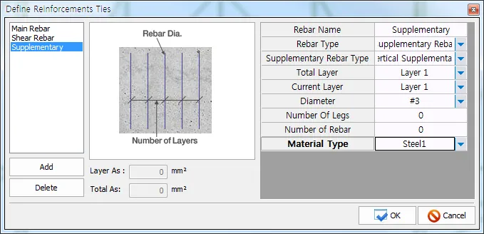 Define Reinforcements Ties dialog with Supplementary selected, showing a rebar diagram and fields for Rebar Type, Total Layer, Diameter, Number Of Legs, and Material Type.