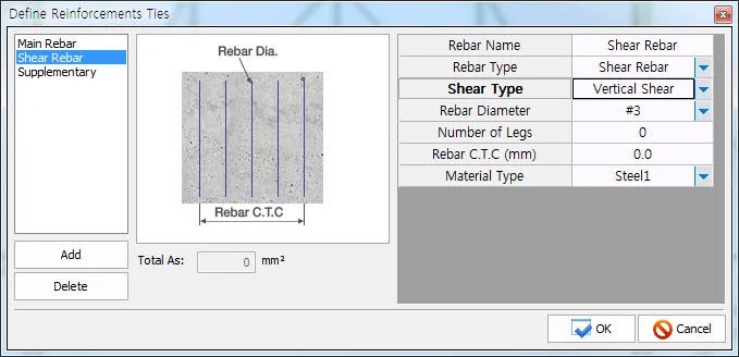 Define Reinforcements Ties dialog with Shear Rebar selected, showing Rebar Type, Shear Type (Vertical Shear), Rebar Diameter #3, Number of Legs, Rebar C.T.C and Material Type, plus a sketch of rebar spacing.