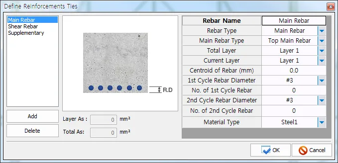 Define Reinforcements Ties dialog listing Main Rebar, Shear Rebar, Supplementary, with section preview and fields for Rebar Type, Layer, rebar diameters and Material Type.