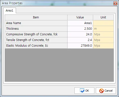 Area Properties dialog with Area1 tab listing Area Name, Thickness (m), Compressive Strength fck, Tensile Strength fct and Elastic Modulus Ec in Mpa.