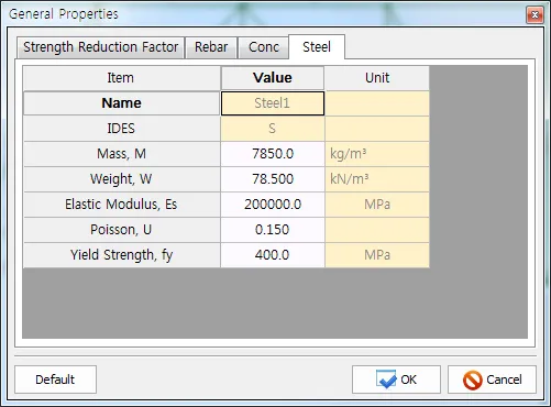 General Properties dialog, Steel tab, listing Name, IDES, Mass M, Weight W, Elastic Modulus Es, Poisson U and Yield Strength fy with values and units.