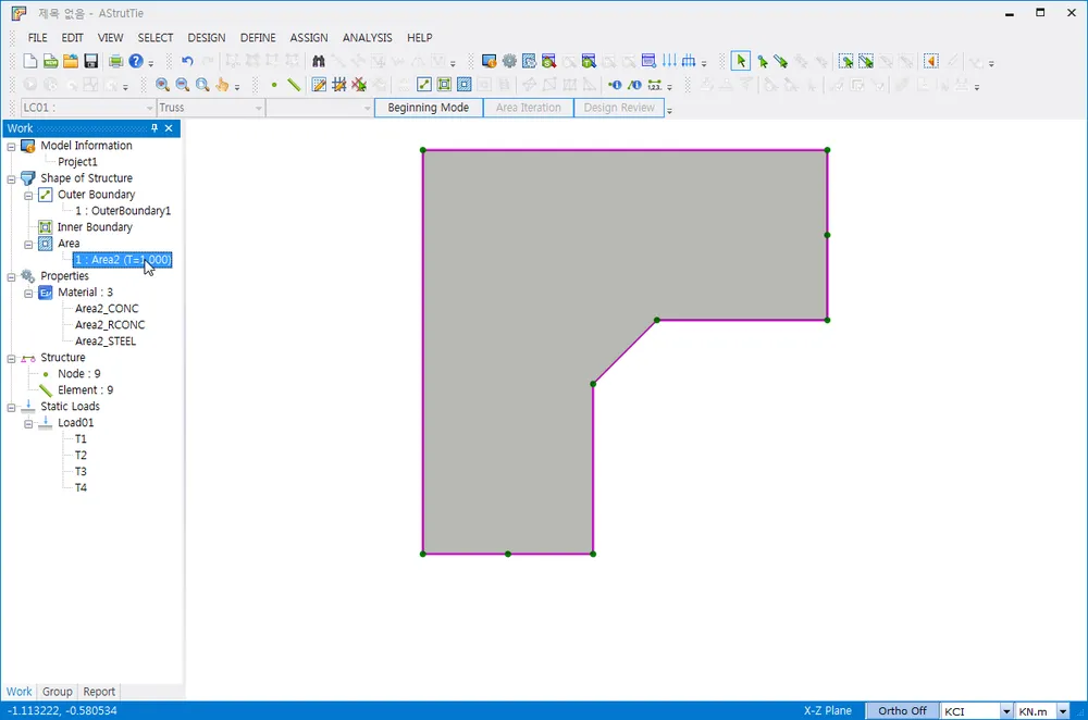 AStrutTie main window with the Work tree showing Outer Boundary, Area 1: Area2 (T=1.000) selected, Material: 3 (Area2_CONC, Area2_RCONC, Area2_STEEL), Node: 9, Element: 9, and an L-shaped area drawn in the model view.
