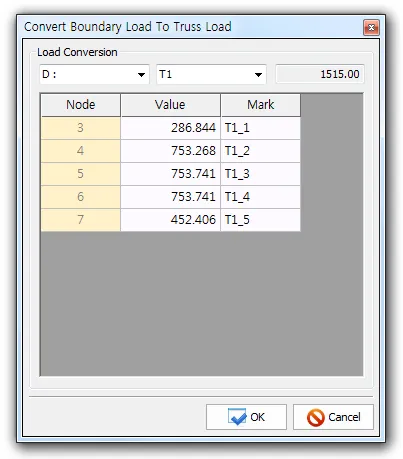 Convert Boundary Load To Truss Load dialog with a Load Conversion case selector (D:, T1) and a table of Node, Value and Mark (T1_1 to T1_5) entries.