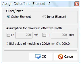 "Assign Outer/Inner Element" dialog with Outer Element selected, checkboxes for maximum effective width at I and J ends in mm, and OK/Cancel buttons.