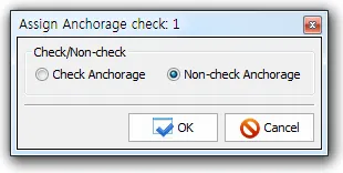 "Assign Anchorage check: 1" dialog with Check/Non-check radio options "Check Anchorage" and "Non-check Anchorage" selected, plus OK and Cancel buttons.