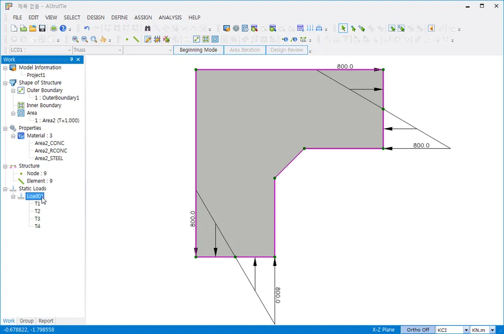AStrutTie main window with an L-shaped area region showing four trapezoidal loads (T1-T4) of 800.0 applied on different edges, and the Work tree listing Load01 with T1 through T4.