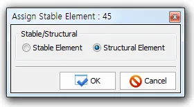 "Assign Stable Element : 45" dialog with Stable/Structural radio buttons, Structural Element selected, and OK/Cancel buttons.
