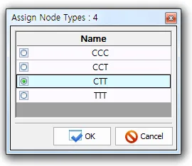 "Assign Node Types : 4" dialog listing node type names CCC, CCT, CTT and TTT with CTT selected, plus OK and Cancel buttons