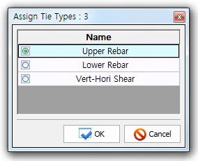 "Assign Tie Types : 3" dialog with a Name list of radio options—Upper Rebar (selected), Lower Rebar, Vert-Hori Shear—and OK and Cancel buttons.