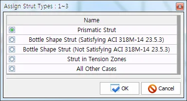 "Assign Strut Types" dialog listing Prismatic Strut, Bottle Shape Strut (satisfying or not satisfying ACI 318M-14 23.5.3), Strut in Tension Zones, and All Other Cases.