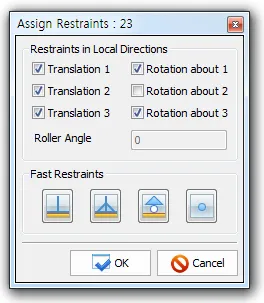Assign Restraints dialog with checkboxes for Translation 1-3 and Rotation about 1-3, a Roller Angle field, and Fast Restraints buttons with OK and Cancel.