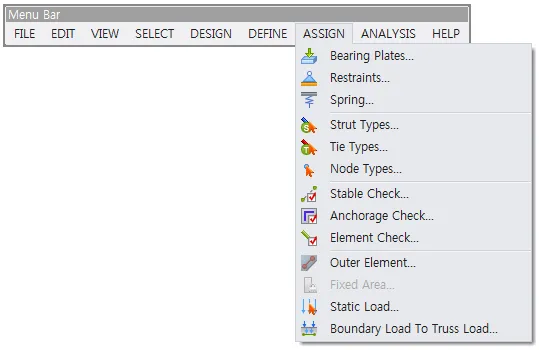 Menu bar with the ASSIGN pull-down menu open, showing Bearing Plates, Restraints, Spring, Strut Types, Node Types, Stable Check and Static Load, with Fixed Area greyed out.
