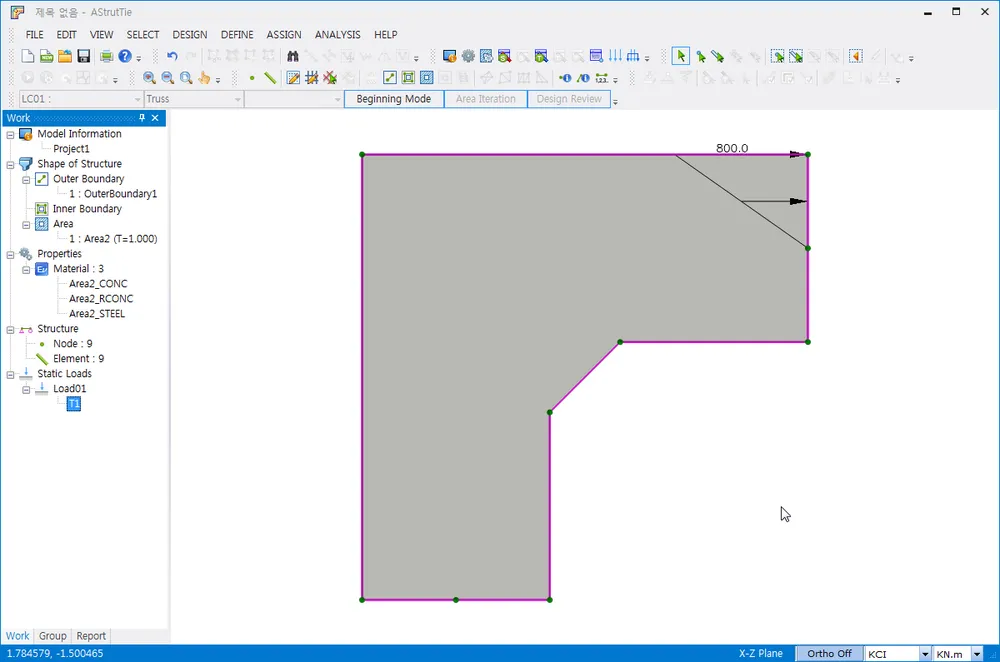 AStrutTie main window with Work tree (Outer Boundary, Area2, Materials, Node: 9, Element: 9, Load01) and an L-shaped concrete region showing a trapezoidal load with arrows labeled 800.0 on its top-right edge.