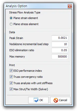 Analysis Option dialog with Plane strain element selected, Peak Strain 0.0021, ESO elimination ratio 0.05, and four checked Print options.