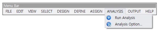 Menu Bar with the ANALYSIS pull-down menu open, showing Run Analysis and Analysis Option... items alongside FILE, EDIT, VIEW, SELECT, DESIGN, DEFINE, ASSIGN, OUTPUT and HELP.