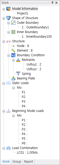 Work tree panel showing Model Information, Shape of Structure, Structure with Node: 8 and Element: 8, Boundary Condition, Static Loads, and Load Combination LC01.