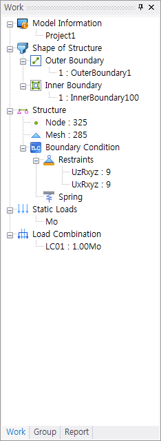 Work tree panel showing Model Information, Shape of Structure with outer and inner boundaries, Structure with Node, Mesh, Boundary Condition, Static Loads and Load Combination LC01.